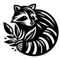 Stylized monochrome illustration of a raccoon curled up, holding leafy sprig, set against a pure white backdrop, creating a minimalist yet striking aesthetic. vector
