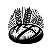 Abstract Black and White Loaf of Bread with Wheat Stalks, Artistic Depiction of Bakery Elements. vector