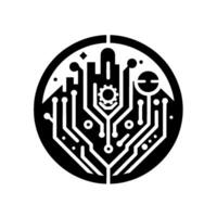 Circular Tech Circuit board with a cog and architectural elements representing digital infrastructure, connectivity and futuristic concepts. vector