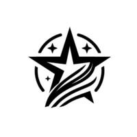 A bold black star emblem within a circle, featuring secondary stars, and stylized swoosh elements, set against a white background. vector