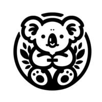 Adorable Black and White Koala Bear Illustration, nestled within a circular frame, holding branches, emanating a cheerful vibe. vector