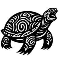 Intricate black and white stylized illustration of a sea turtle, featuring detailed tribal pattern and bold lines, isolated on white. vector