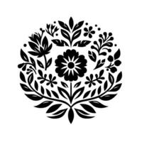 Symmetrical Floral in Bold Black and White, Composed of Stylized Flowers, Leaves, and Berries, Creating a Circular, Decorative Pattern. vector