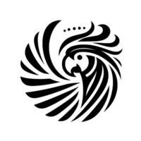 Minimalist Circular Black Parrot on White Bold Abstract with Stylized Feathers, Eye, and Beak in Modern Form. vector