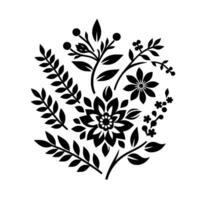 A symmetrically composed black floral pattern on a stark white background, featuring various stylized blooms and foliage. vector