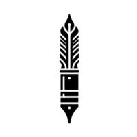 A minimalist, geometric black fountain pen illustration, featuring a stylized nib with featherlike patterns, set against a textured white backdrop. vector