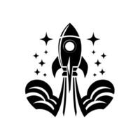 Black and White Rocket Launch with Smoke and Stars, Simple Geometric Illustration for Space Exploration, Science, and Adventure. vector