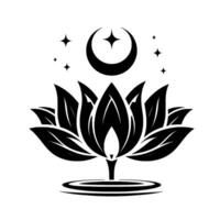 Black and White Lotus with Crescent Moon and Stars A Symbol of Tranquility and Celestial Harmony in Art Style. vector