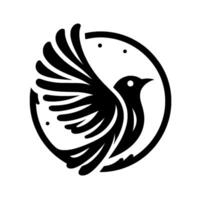 A minimalist black and white featuring a stylized bird in flight, encircled by a simple frame with three tiny dots. vector