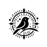 A stylized black silhouette of a bird perched on a branch, within an ornate circular frame, evoking a celestial or mystical vibe. vector