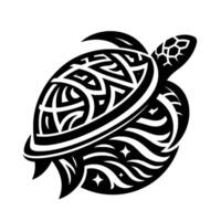 Stylized Black and White Turtle with Intricate Geometric Patterns, Swimming Amidst Wavy Lines and Stars. vector