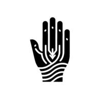 A stylized, blackandwhite illustration of an open palm featuring arrows and lines, suggestive of energy flow or healing. vector