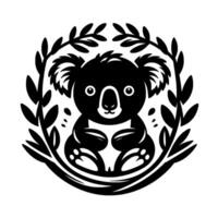 Black and white stylized illustration of a cute koala bear, encircled by leafy branches, creating a charming and simple . vector