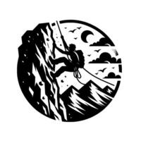Silhouette of a climber ascending a steep rock face within a circular frame, facing a crescent moon and birds under a cloudy sky. vector