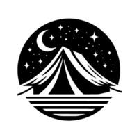 Black and white circular of a mountain tent beneath a crescent moon and starry sky, representing camping and wilderness. vector