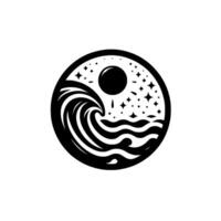 Symbolic black and white circular depicting a wave, ocean waves, stars, and sunmoon in a YinYang type of art. vector