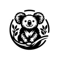 Stylized Black White Koala Bear in a Circular Frame, Smiling, Perched on a Branch with Leafy Accents, Nature . vector