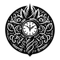 Intricate Black and White Circular Featuring a Clock, Adorned with Floral and CelticInspired Motifs and Ornaments vector
