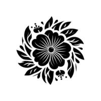 Intricate Black and White Floral Featuring a Central Petaled Bloom, Surrounded by Leaves and Accent Elements on White Background. vector
