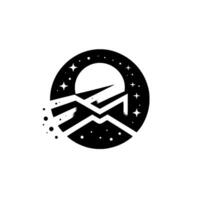 A stylized black and white featuring a mountain range silhouette under a bright sun and starfilled sky within a circular frame. vector