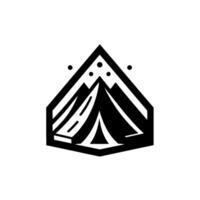 Geometric Black and White of Mountain Peaks, Tent, and Stars Within a Hexagonal Frame for Camping and Adventure. vector