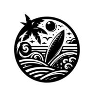 Black and white circular featuring a surfboard in ocean waves, a palm tree, a sun, and birds surf lifestyle. vector