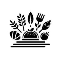 Minimalist Black and White Illustration of Fresh Food Elements Surrounding a Plate and Burger, Symbolic of Healthy Eating. vector