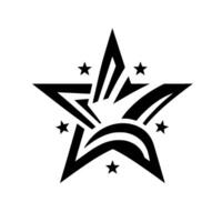 Bold, modern , a fivepointed star emblem with radiating lines and a stylized crescent moon, surrounded by smaller stars, against a white backdrop. vector