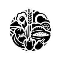Monochrome circular illustration of diverse fruits, vegetables, grains, and grains with a natural, bountiful, and healthy harvest theme. vector