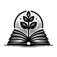 A black and white of an open book with a plant growing from it under a circular frame with stars. vector