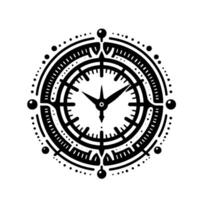 Abstract black and white clock with compasslike elements and geometric circular patterns minimalist art. vector