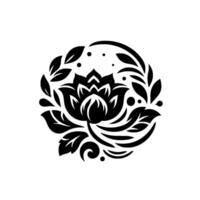 Elegant Black and White Floral Emblem A Stylized Lotus with Leafy Wreath and Minimalist Dots, set on a Pristine White Background. vector