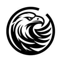 Bold, minimalist black and white circular eagle head emblem, capturing strength and focused gaze within a symbolic frame. vector