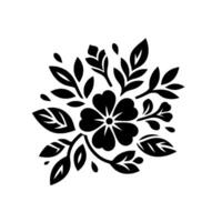 A symmetrical black and white floral featuring a central flower with stylized petals, surrounded by leaves and buds on a white background. vector