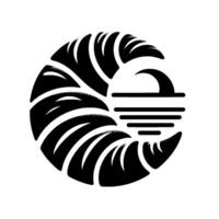 A Stylized Black and White Depicting a Wave, Sun, and Horizon, Enclosed by Curved LeafLike Shapes. vector