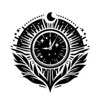 Black and white stylized celestial clock emblem, encircled by stars, moon, and foliage, evoking a sense of time, and magic. vector