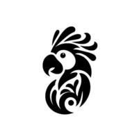 A bold, minimalist black and white stylized illustration of a parrot, featuring decorative patterns around its head and body, isolated on white. vector