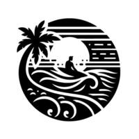 Silhouette of a surfer seated on a surfboard, framed in a circle, alongside a palm tree and stylized ocean waves, set against a round sunset. vector