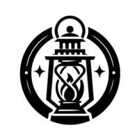 of a stylized black lantern with a flame, set within a circle with star accents, on a white background. vector