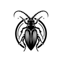 Intricate black and white illustration of a stylized beetle within a circular frame, showcasing detailed antenna and segmented body. vector