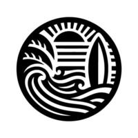 Surfs Up Black and White Circular Featuring Sun, Waves, Surfboard, and Coastal Elements. vector