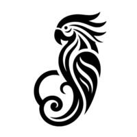 Monochromatic stylized parrot illustration, featuring a tribal aesthetic with flowing lines and a decorative scroll element. vector