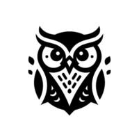 Bold, symmetrical illustration of a stylized owl in black and white, featuring detailed feathers, sharp edges, and a minimalist aesthetic. vector