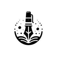 Stylized black pen nib emerging from a book, encircled by dots, representing creative writing and ideas. vector