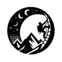 Silhouette of a mountain climber ascending a ladder into the night sky, set within a circular , with mountains, moons, and stars. vector