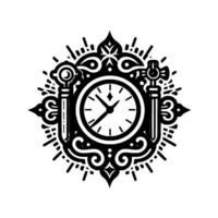 Ornate Black and White Clock with Decorative Keys and Scrollwork, Detailed Vintage Style. vector