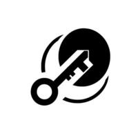 Symbolic Black and White Key inserted into a Circle with Curved Orbital Elements, on White Background. vector