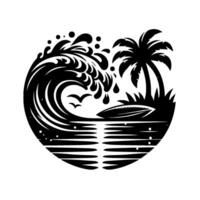 Black and white illustration of a tropical beach scene, featuring a large breaking wave, palm trees, a surfboard, and seagulls, within a circular frame. vector