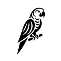 Black and White Parrot Silhouette Perched on a Branch with Minimalist on White Background. vector