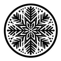 Intricate Black and White Circular Snowflake Featuring a Detailed Floral Pattern with Dots and Geometric Accents on a White Background. vector